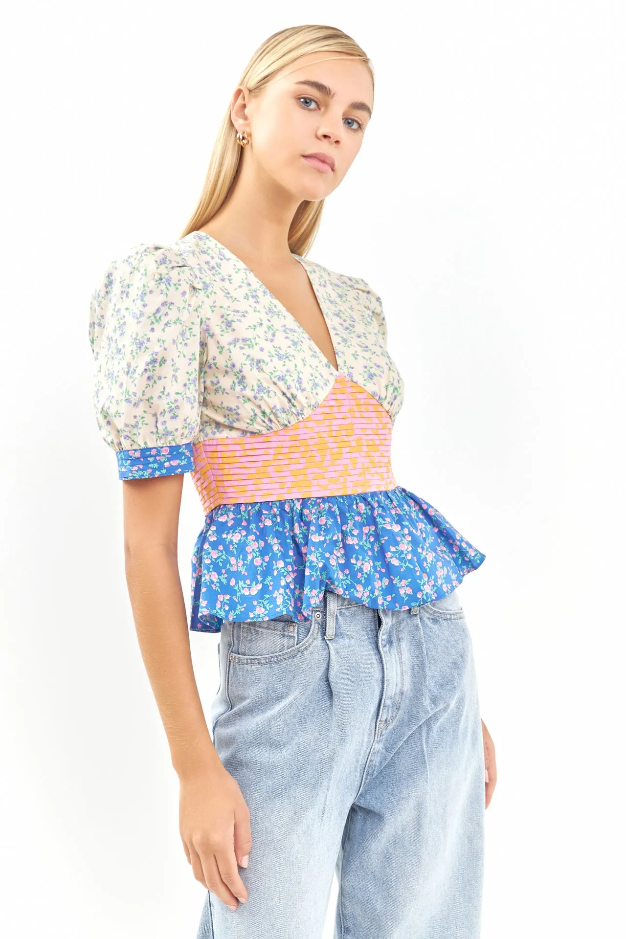 Mixed Print Peplum Top