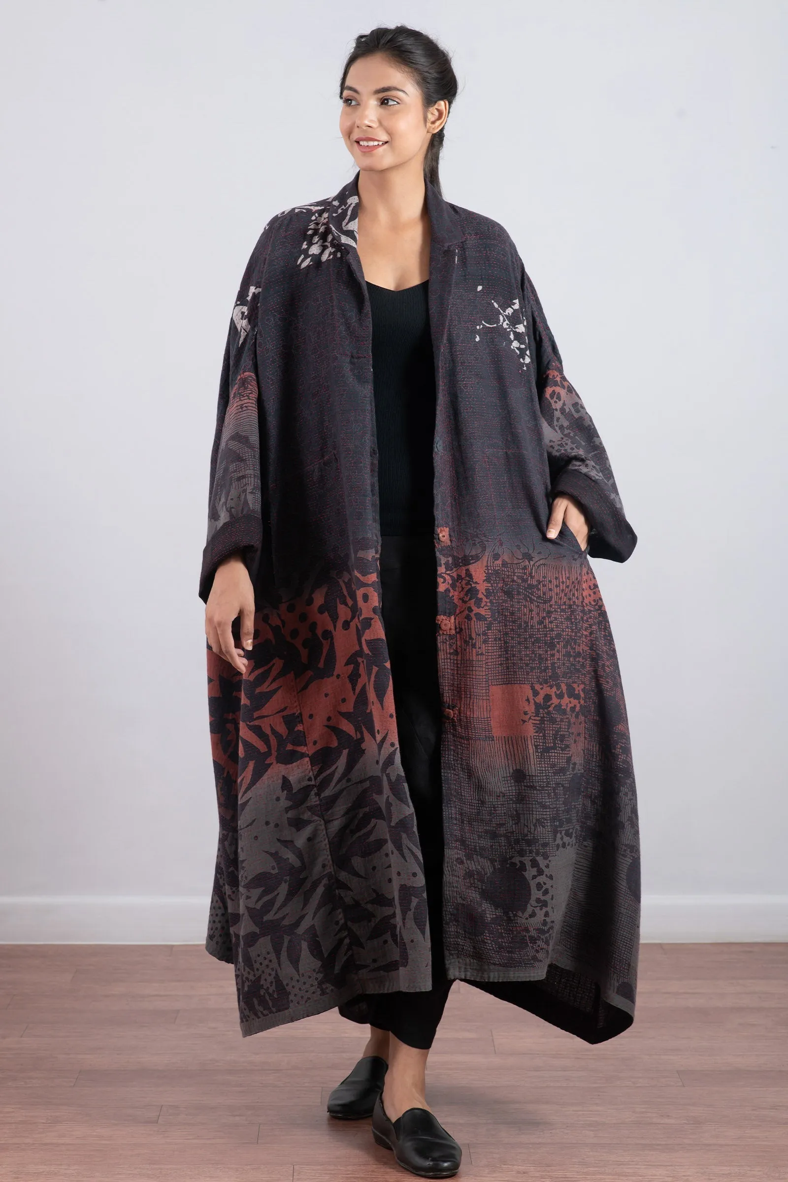 MONOTONE TWILIGHT PRINT KANTHA OVERSIZE DRESS - tp2432-red -