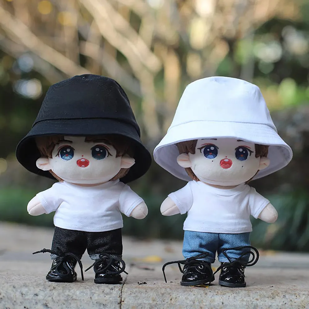 niannyyhouse 15cm 20cm Plush Doll Clothes Solid Color Bucket Hat White T-shirt Jeans Doll Accessories