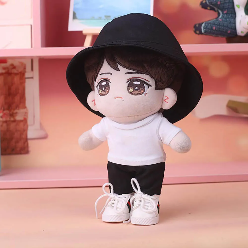 niannyyhouse 15cm 20cm Plush Doll Clothes Solid Color Bucket Hat White T-shirt Jeans Doll Accessories