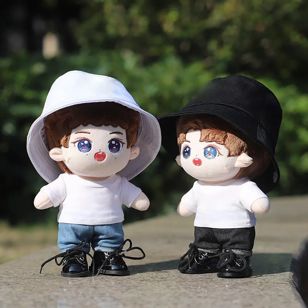 niannyyhouse 15cm 20cm Plush Doll Clothes Solid Color Bucket Hat White T-shirt Jeans Doll Accessories