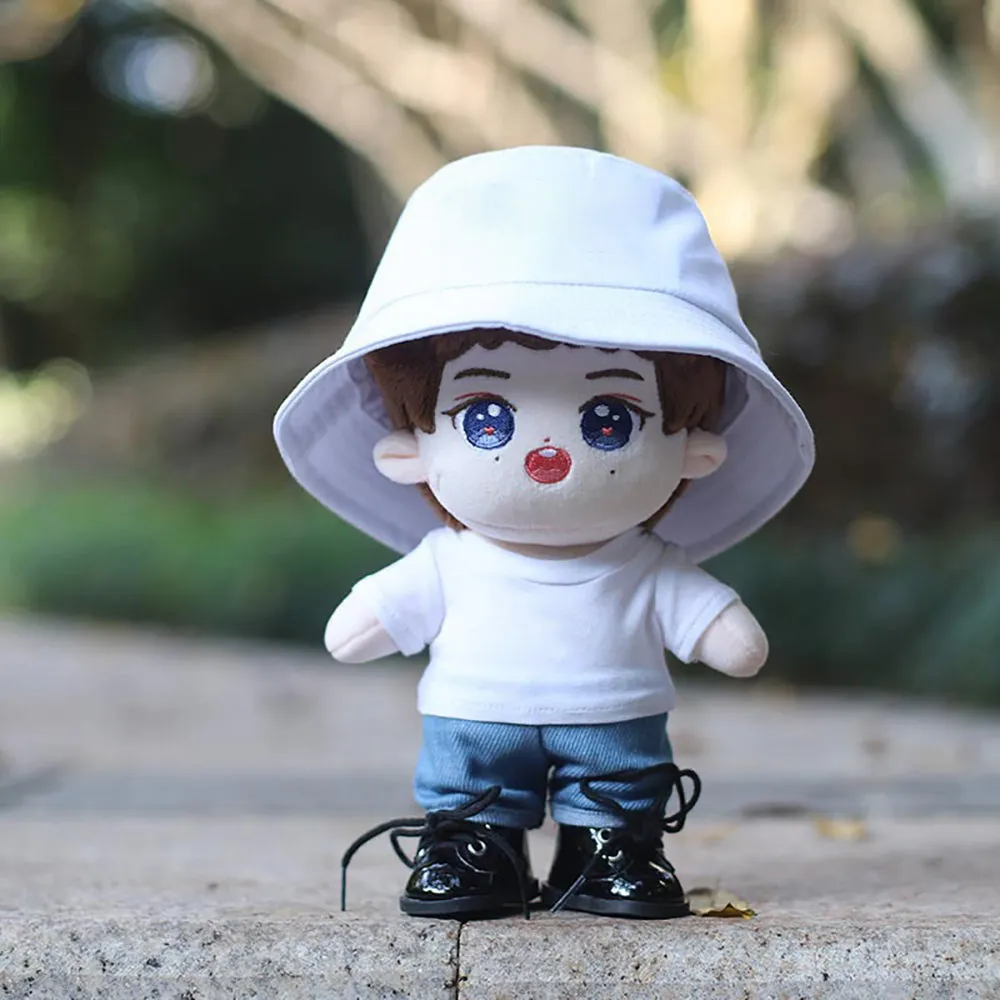 niannyyhouse 15cm 20cm Plush Doll Clothes Solid Color Bucket Hat White T-shirt Jeans Doll Accessories