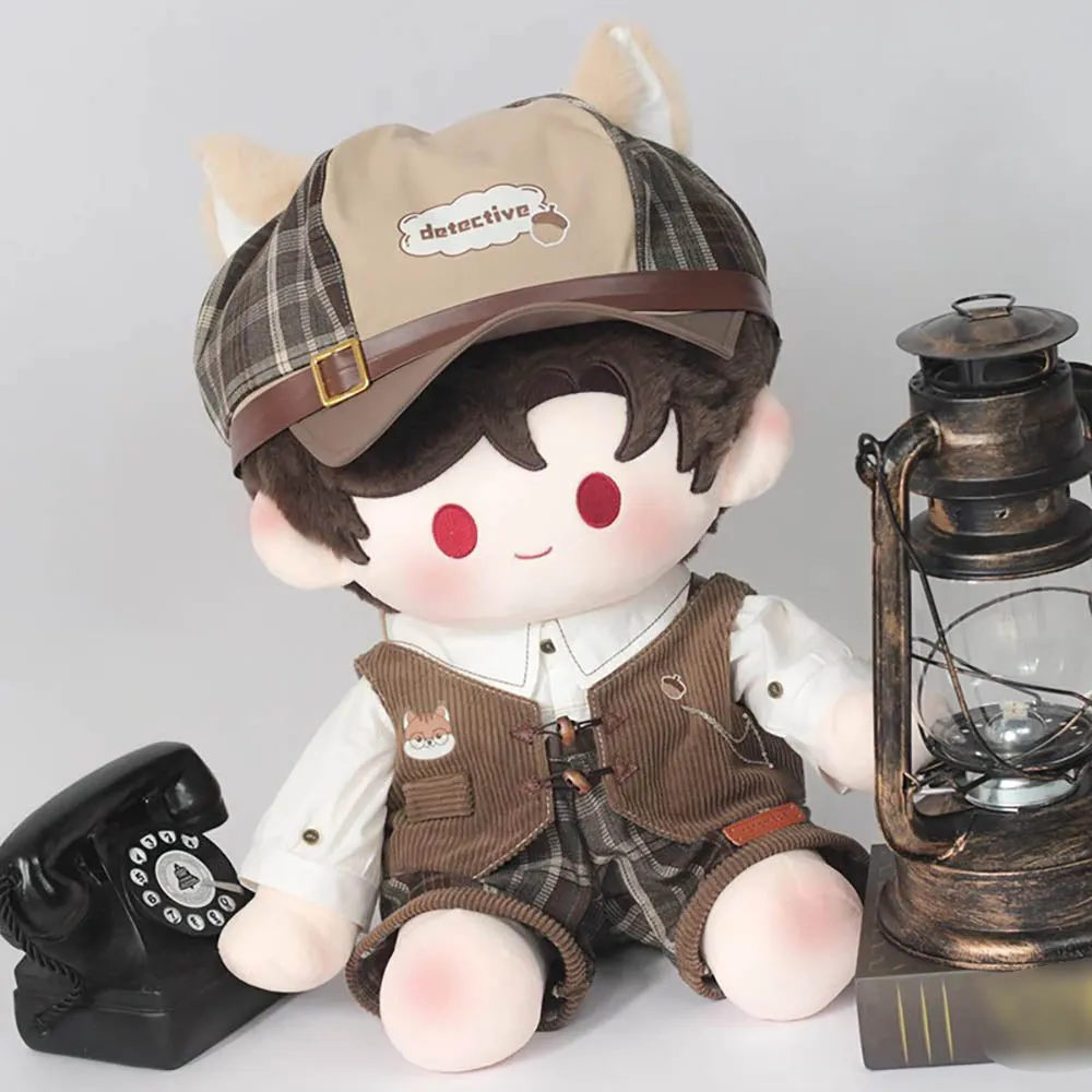 niannyyhouse 40cm Sitting Doll Clothes Hat Shirt Overalls Vest Shawl Brown Vintage Detective Outfit Plush Toys Dress Up