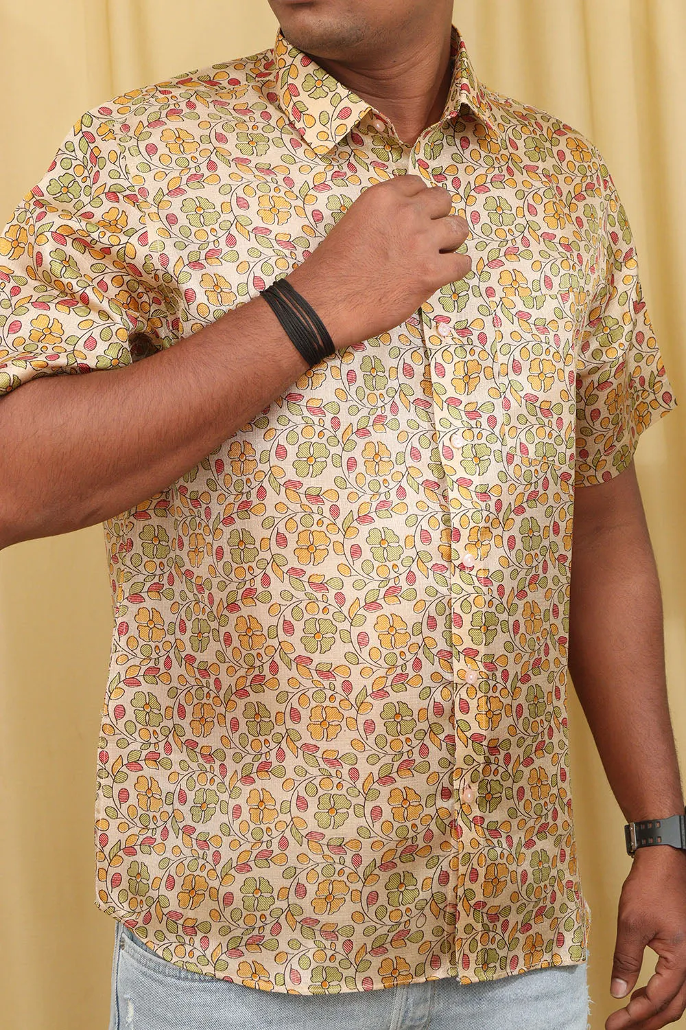 Pastel Madhubani Print Semi Tussar Silk Shirt