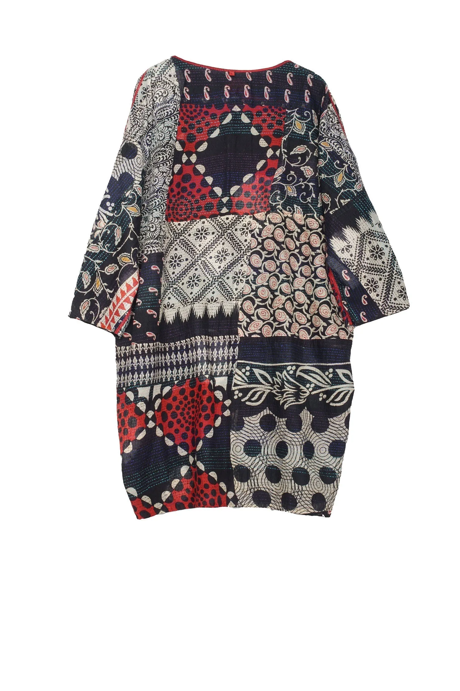 PATCH & CIRCLE PRINT KANTHA DOLMAN SLV. DRESS - pc2410-blk -