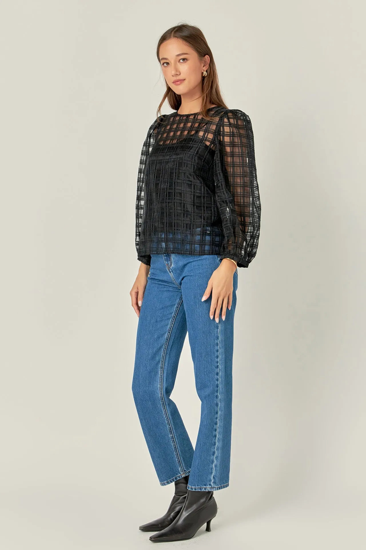 Plaid Organza Long Sleeve Top