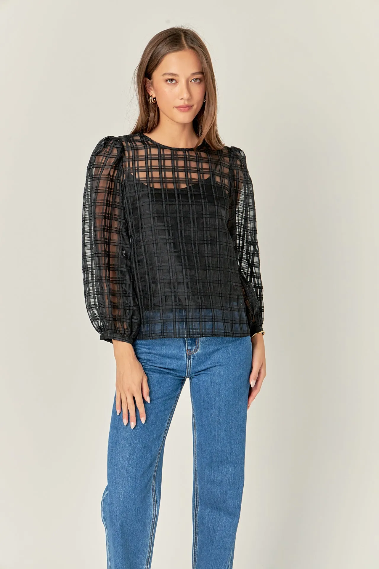 Plaid Organza Long Sleeve Top