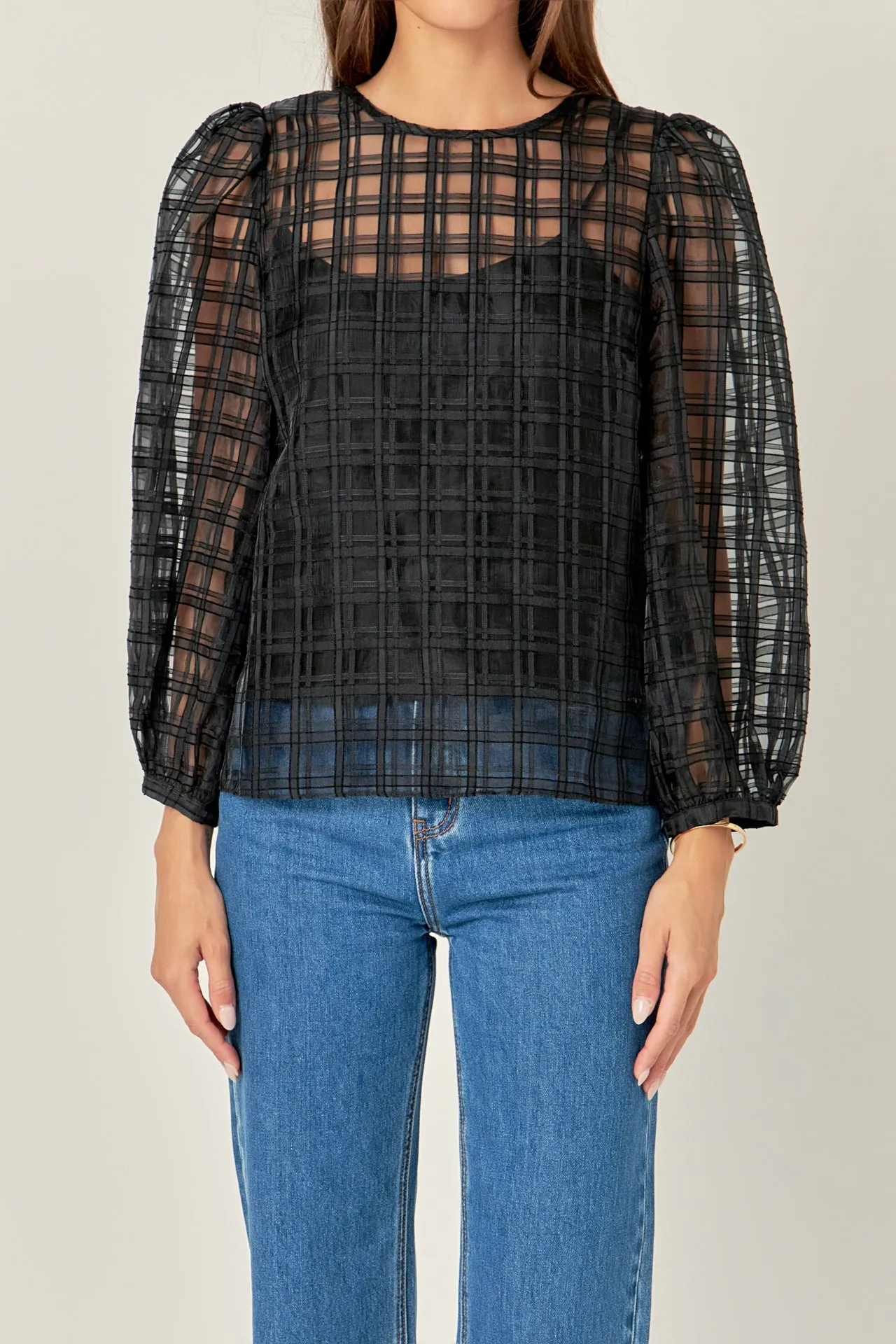 Plaid Organza Long Sleeve Top