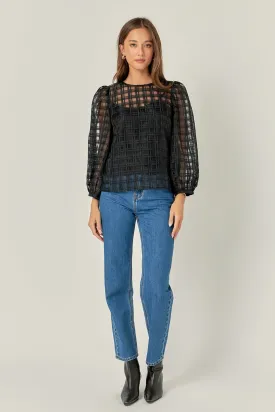 Plaid Organza Long Sleeve Top