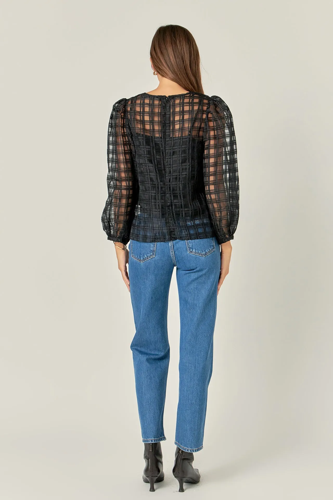 Plaid Organza Long Sleeve Top