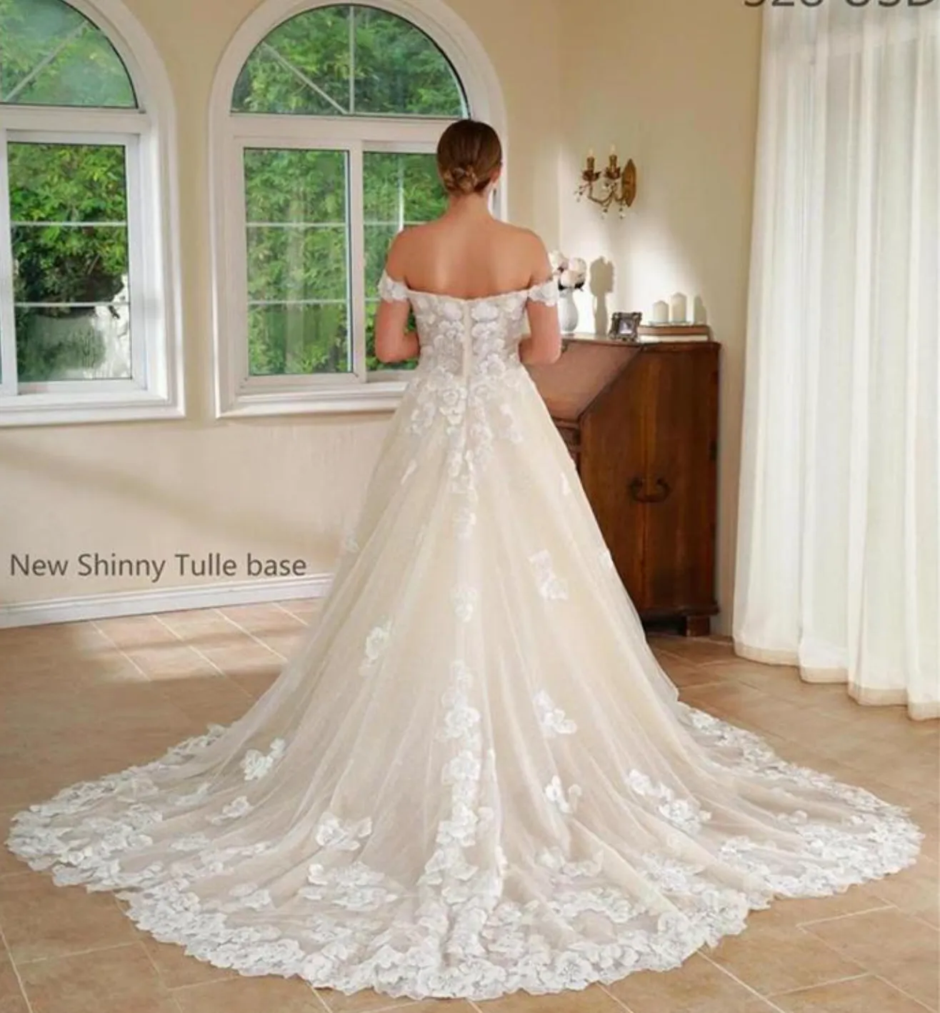 Plunge V Tulle Floral Lace A Line Wedding Dress