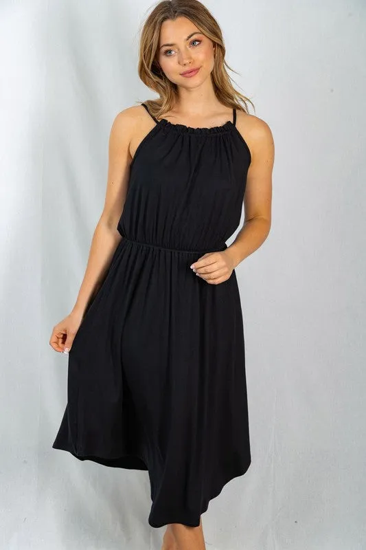 Ruched Neckline Sleeveless Black Dress