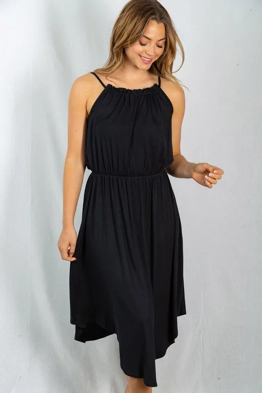 Ruched Neckline Sleeveless Black Dress