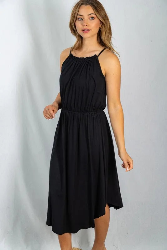 Ruched Neckline Sleeveless Black Dress