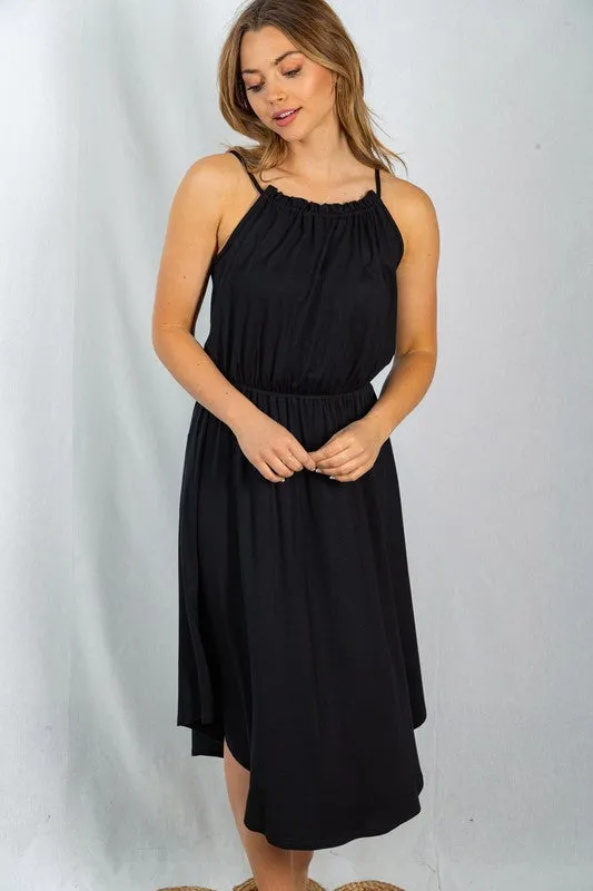 Ruched Neckline Sleeveless Black Dress