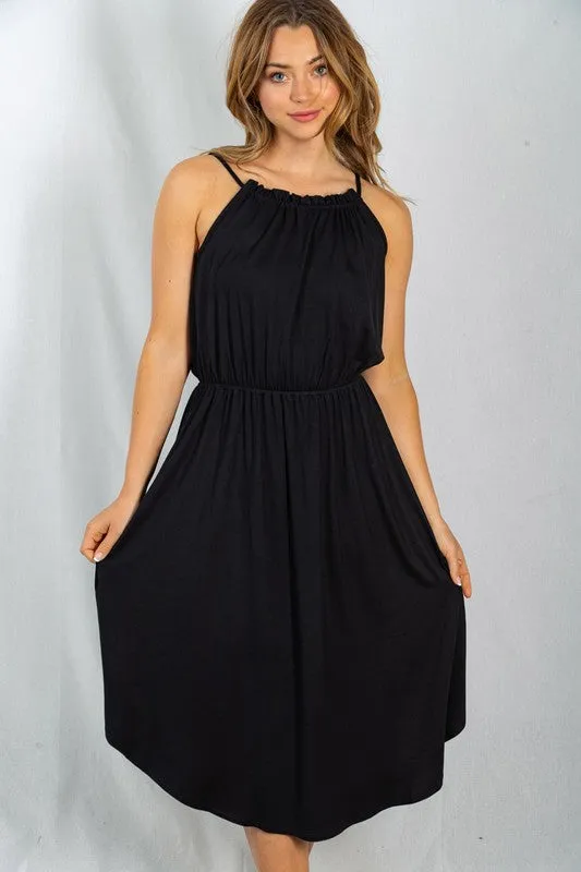 Ruched Neckline Sleeveless Black Dress