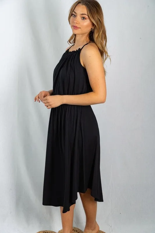 Ruched Neckline Sleeveless Black Dress