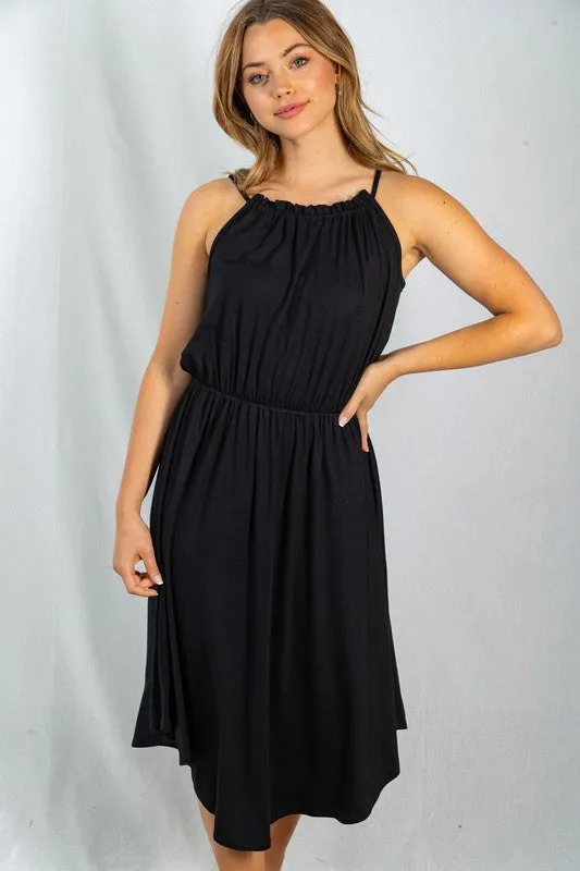 Ruched Neckline Sleeveless Black Dress