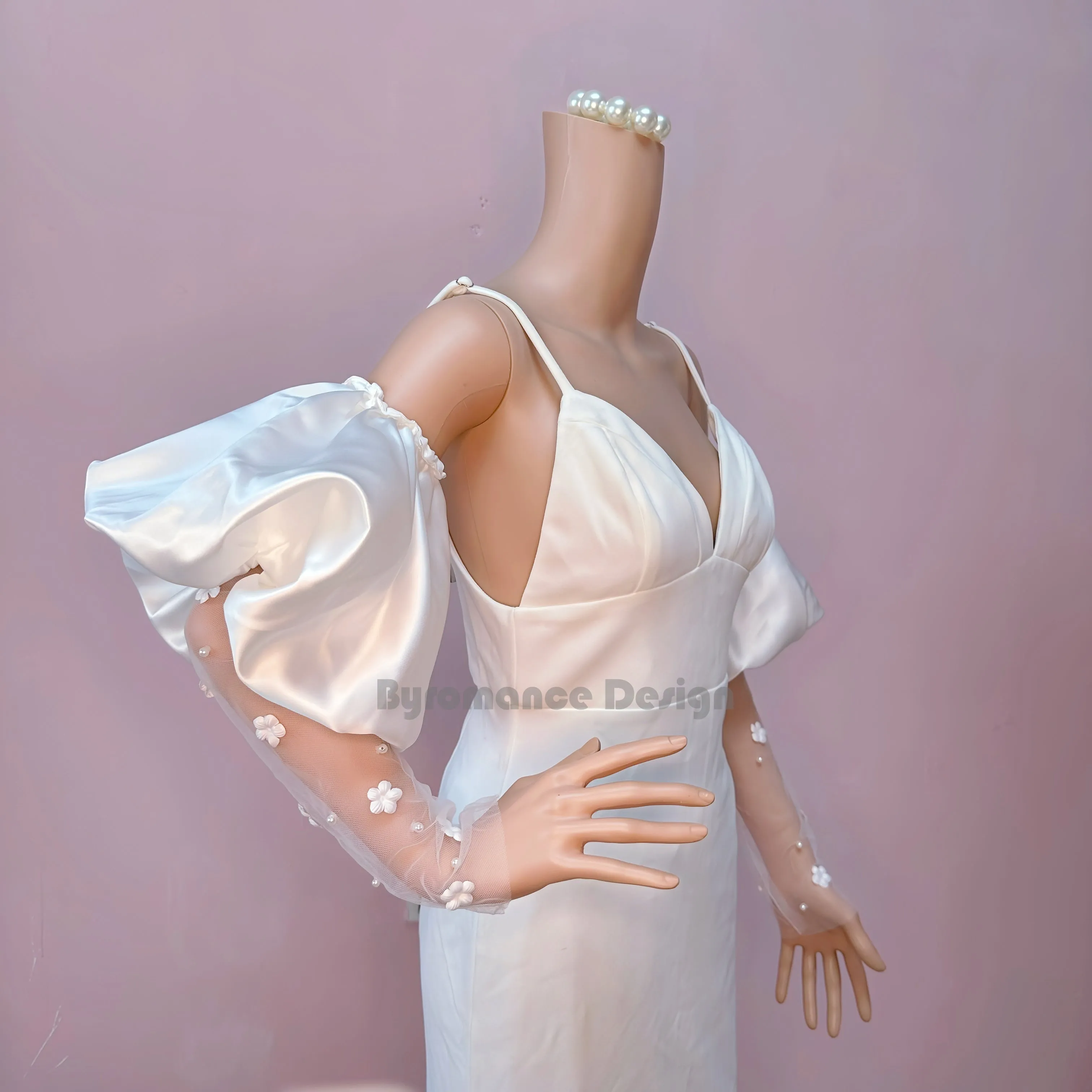 satin puffy ball long sheer tulle romovable wedding sleeve