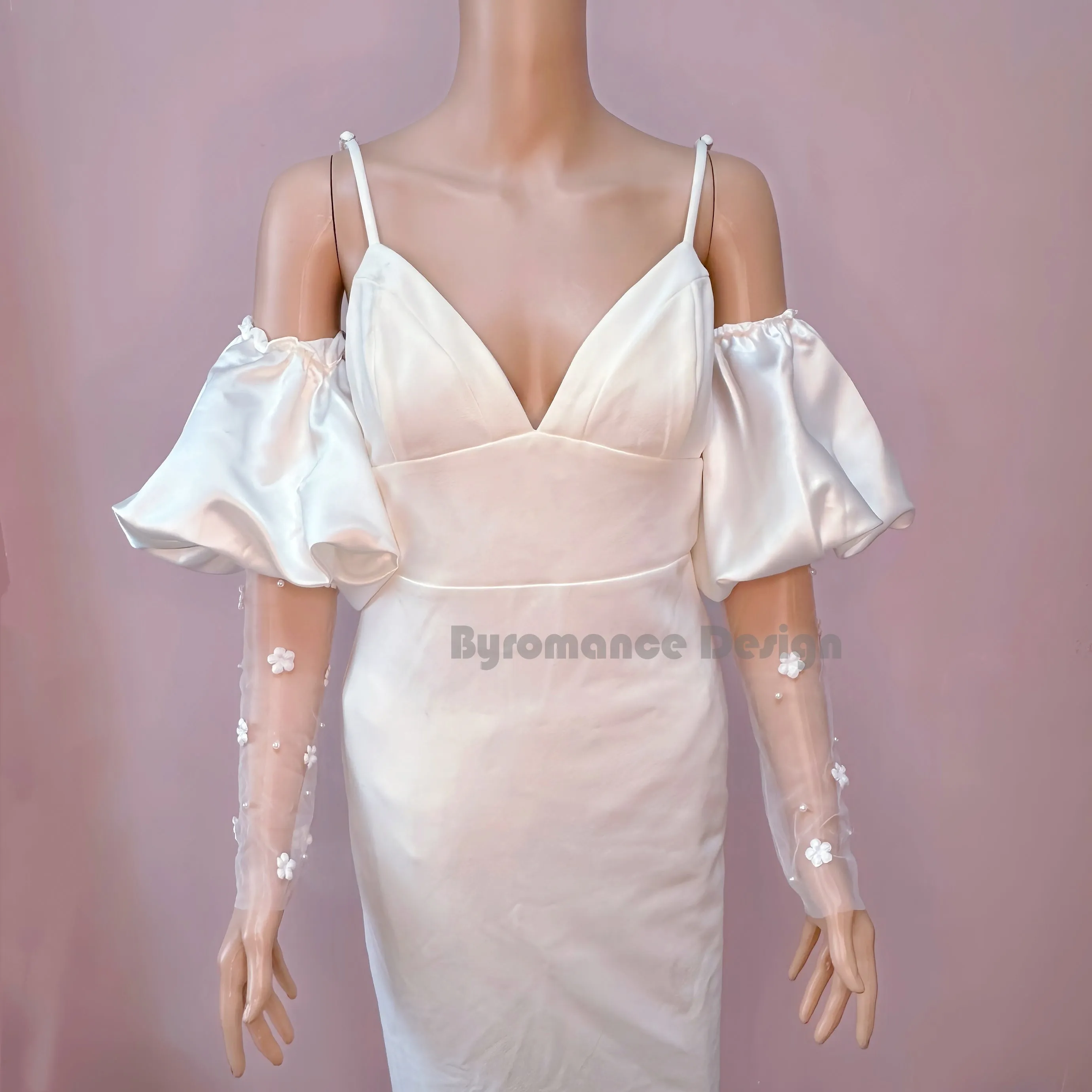 satin puffy ball long sheer tulle romovable wedding sleeve