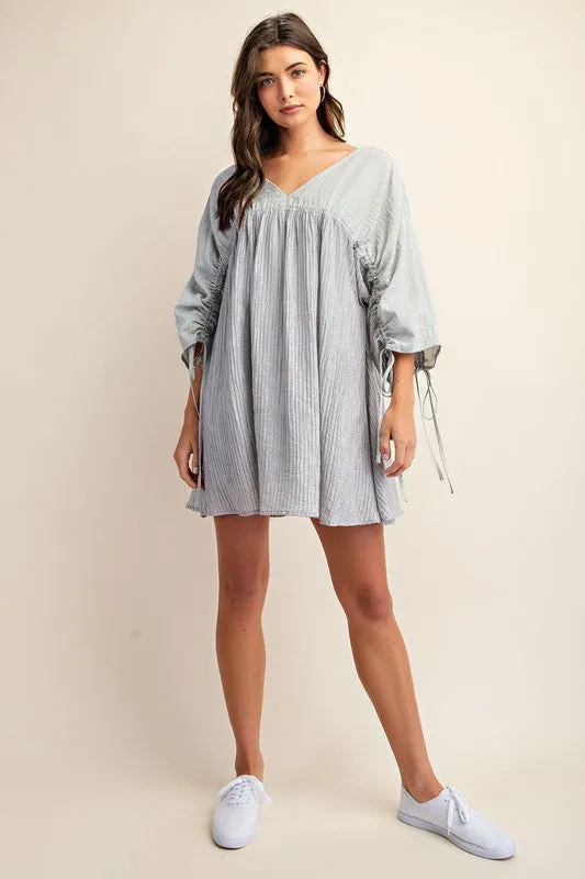 Silver Adjustable Shirred Sleeve Dress