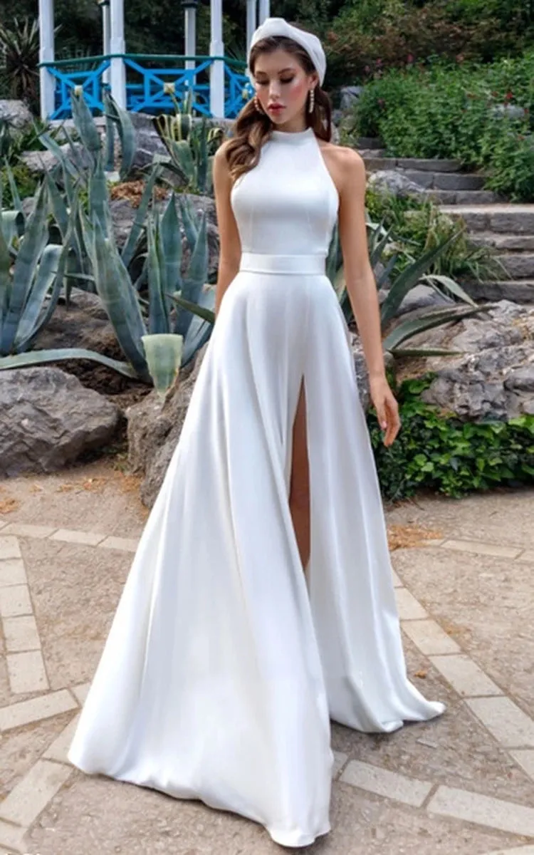 Simple Modest A-Line Halter Maxi Wedding Dress