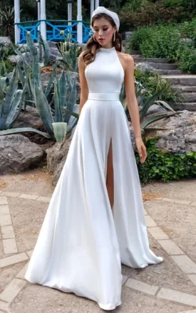 Simple Modest A-Line Halter Maxi Wedding Dress