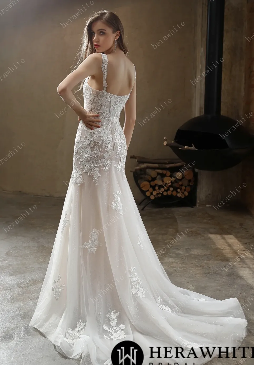 Square Neckline with Lace Straps Mermaid Wedding Gown