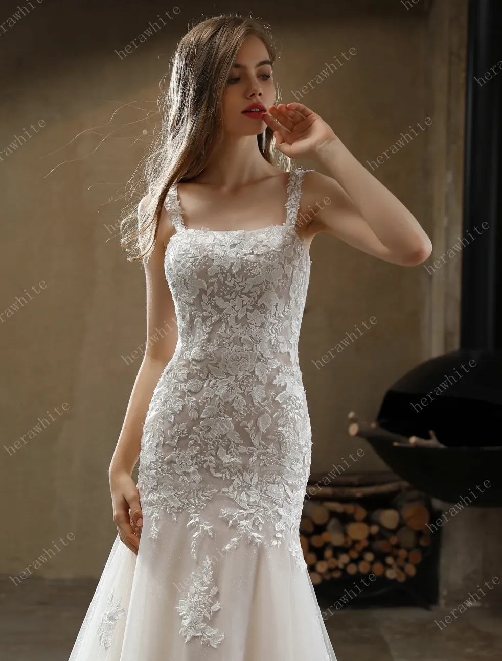 Square Neckline with Lace Straps Mermaid Wedding Gown