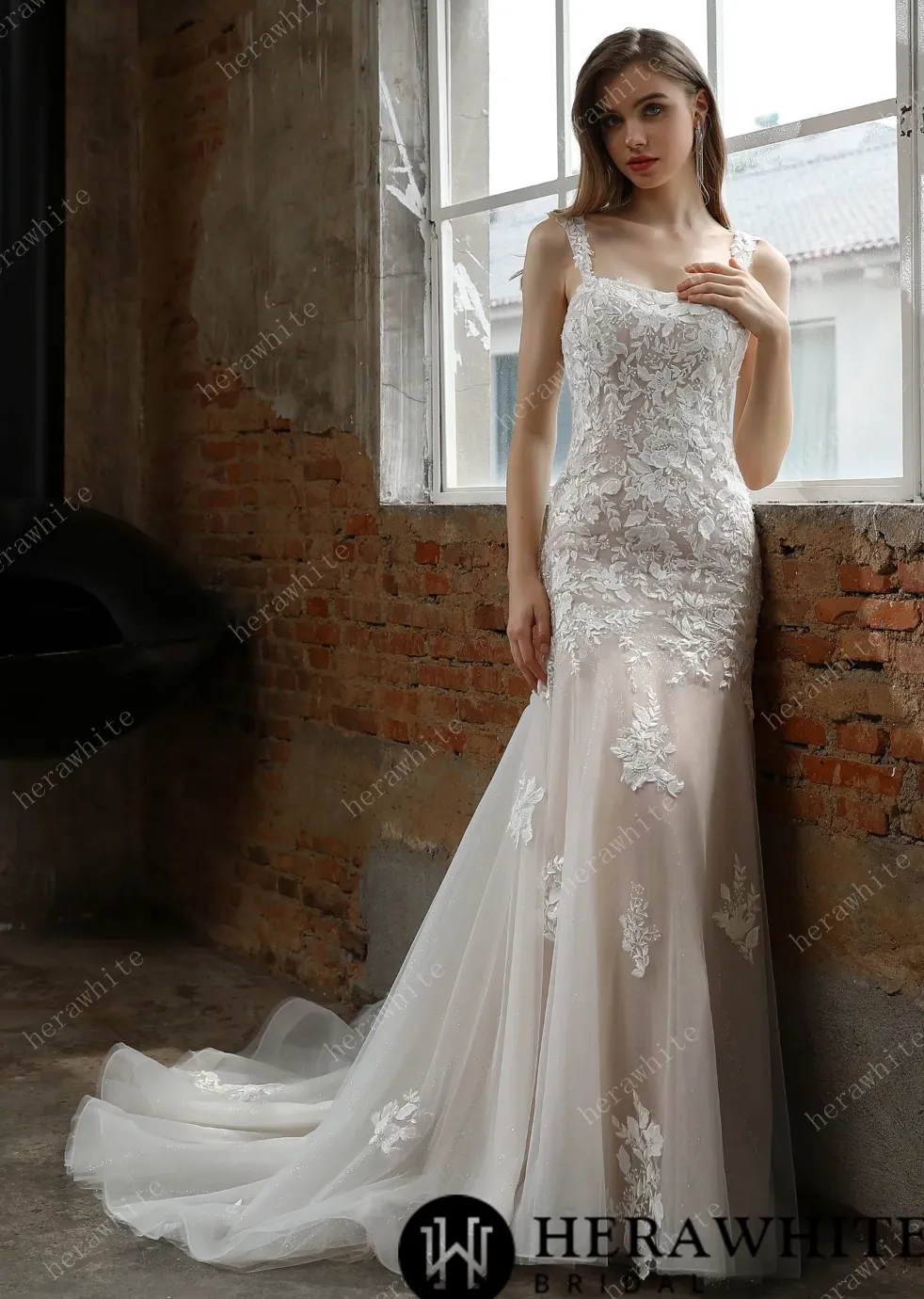 Square Neckline with Lace Straps Mermaid Wedding Gown