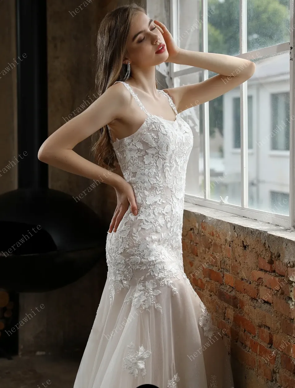 Square Neckline with Lace Straps Mermaid Wedding Gown