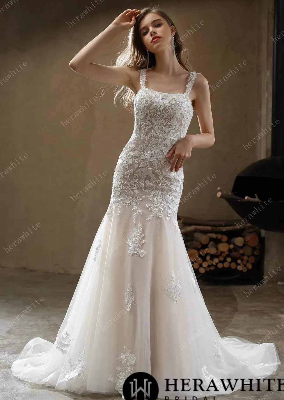 Square Neckline with Lace Straps Mermaid Wedding Gown