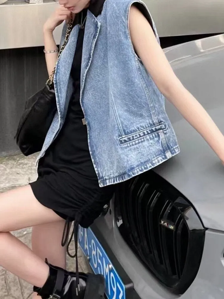 Streetwear Vest Jacket For Women Lapel Sleeveless Solid Minimalist Denim Coats Female Summer Clothing Fashion