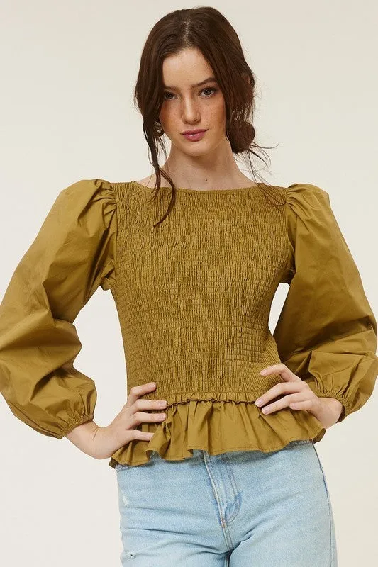 Taupe Ruched Peplum Hem Blouse With Puff Sleeves