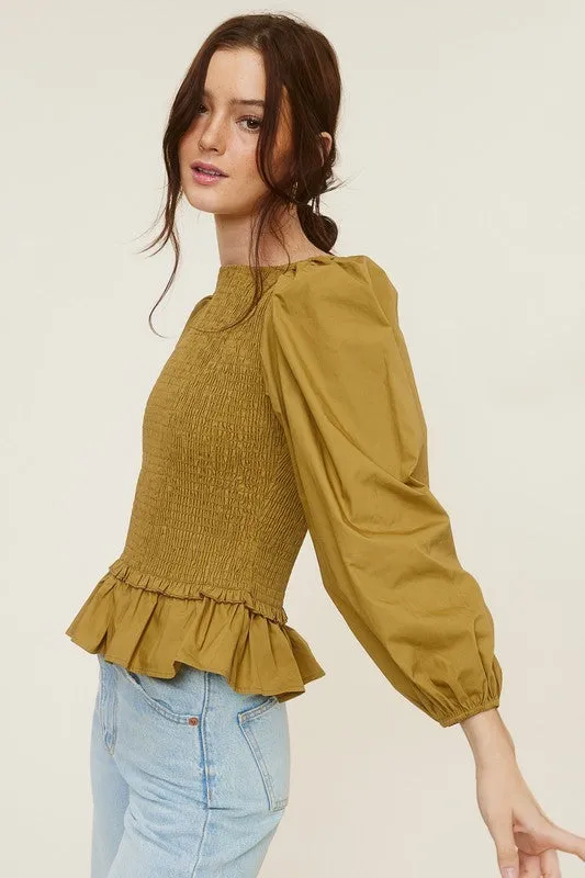 Taupe Ruched Peplum Hem Blouse With Puff Sleeves