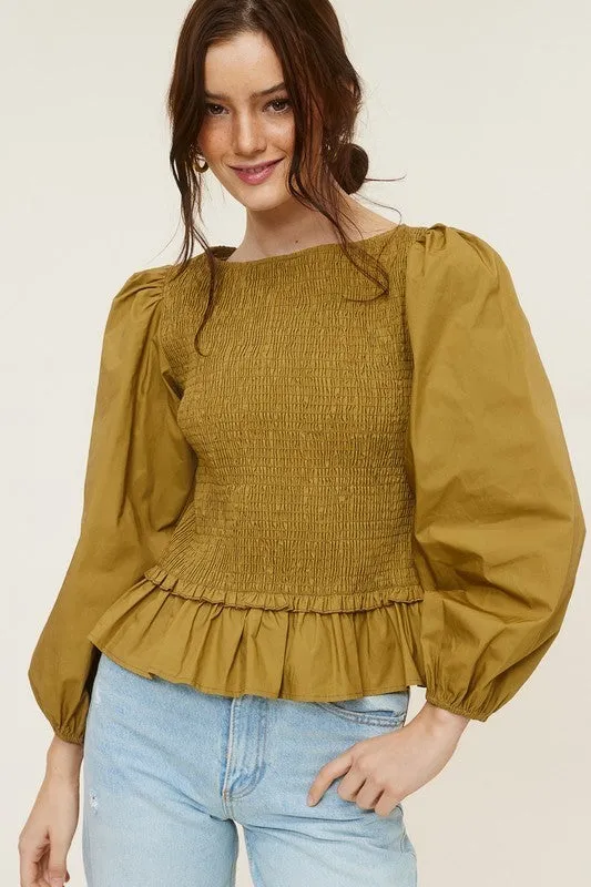 Taupe Ruched Peplum Hem Blouse With Puff Sleeves