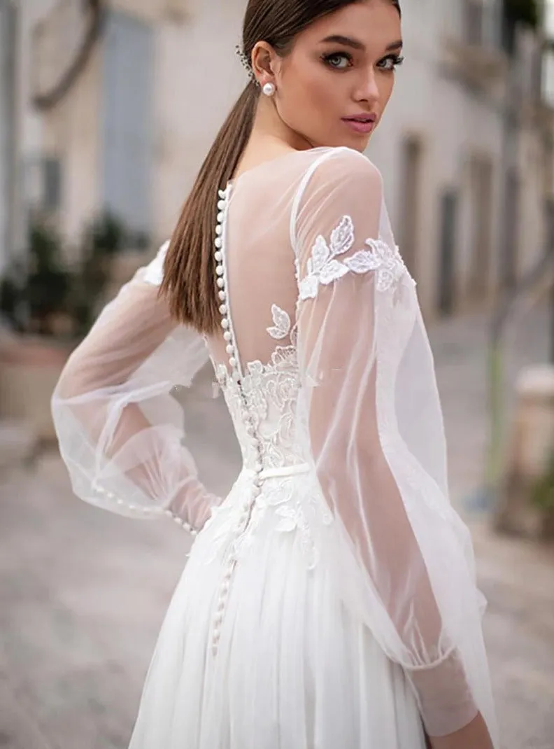 Tulle Lace Boho Wedding Dress Long Puff Lace Sleeves Button Back Vestido De Noiva Bridal Gown