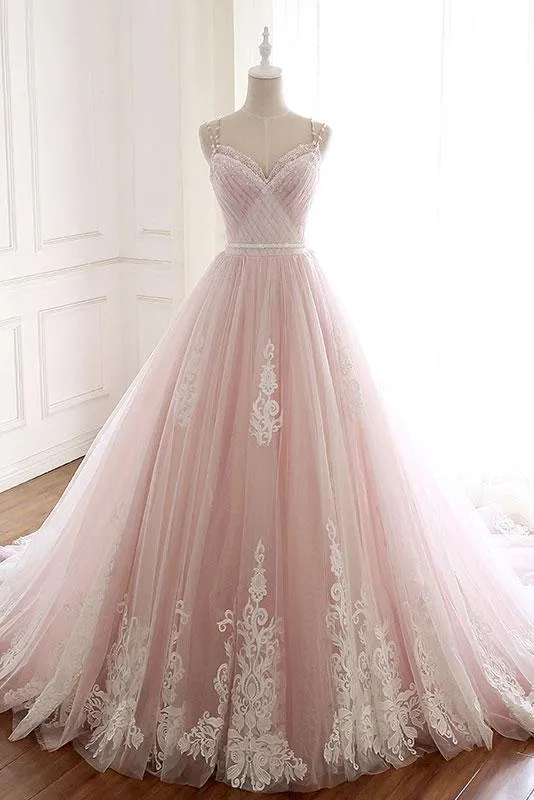 Unique A Line Pink Sweetheart Tulle Spaghetti Straps Long Lace Prom SWK14303