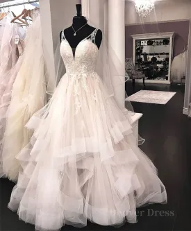 Unique v neck tulle lace long prom dress tulle lace wedding dress