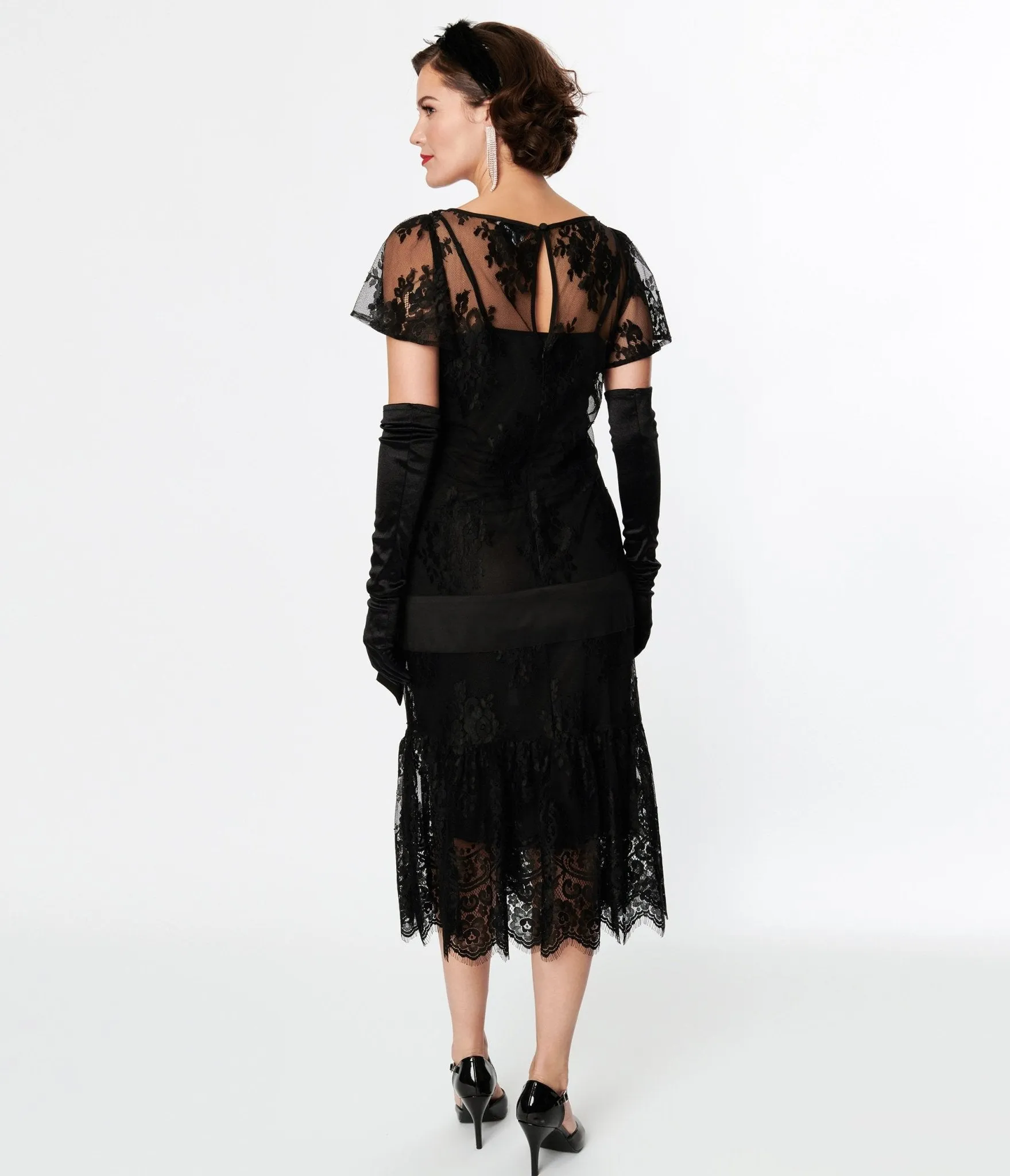 Unique Vintage 1920s Black Lace & Bow Flapper Dress