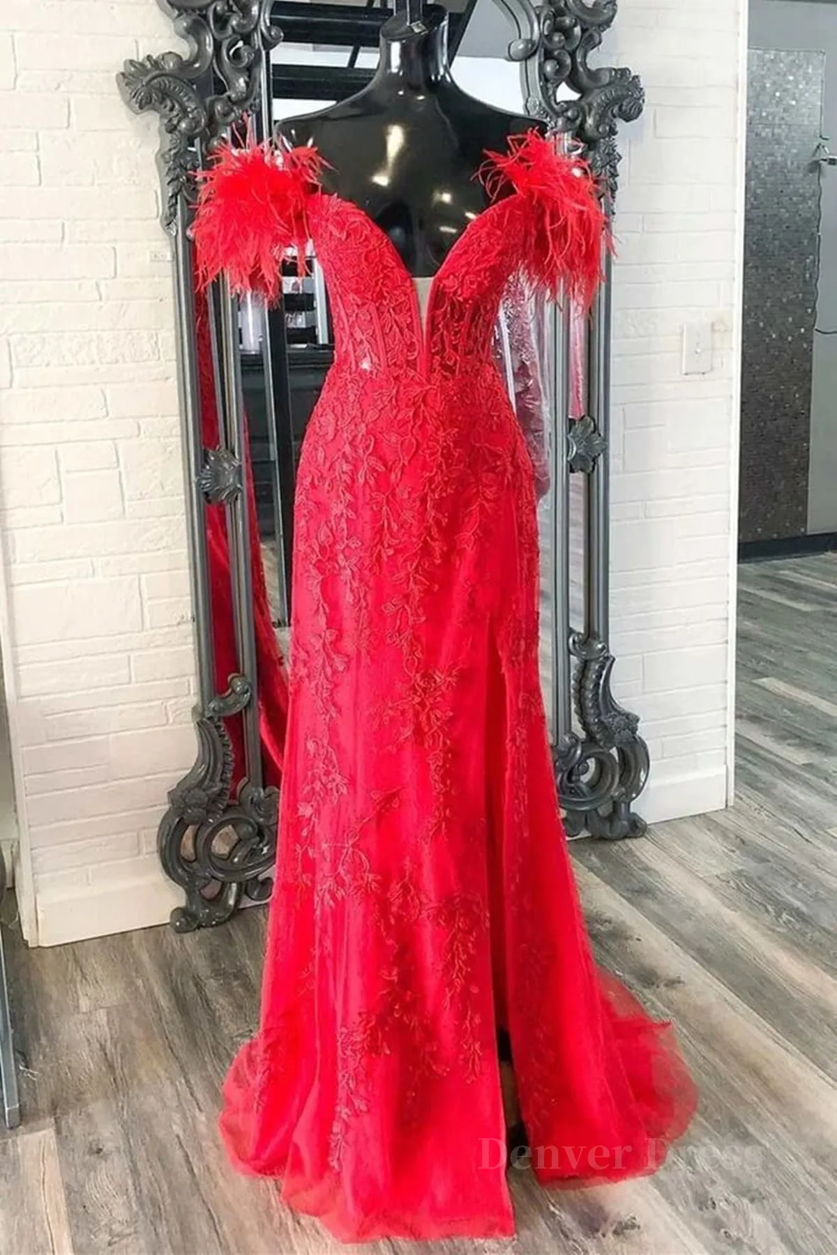 V Neck Mermaid Off Shoulder Red Lace Long Prom Dress, Mermaid Red Formal Dress, Red Lace Evening Dress