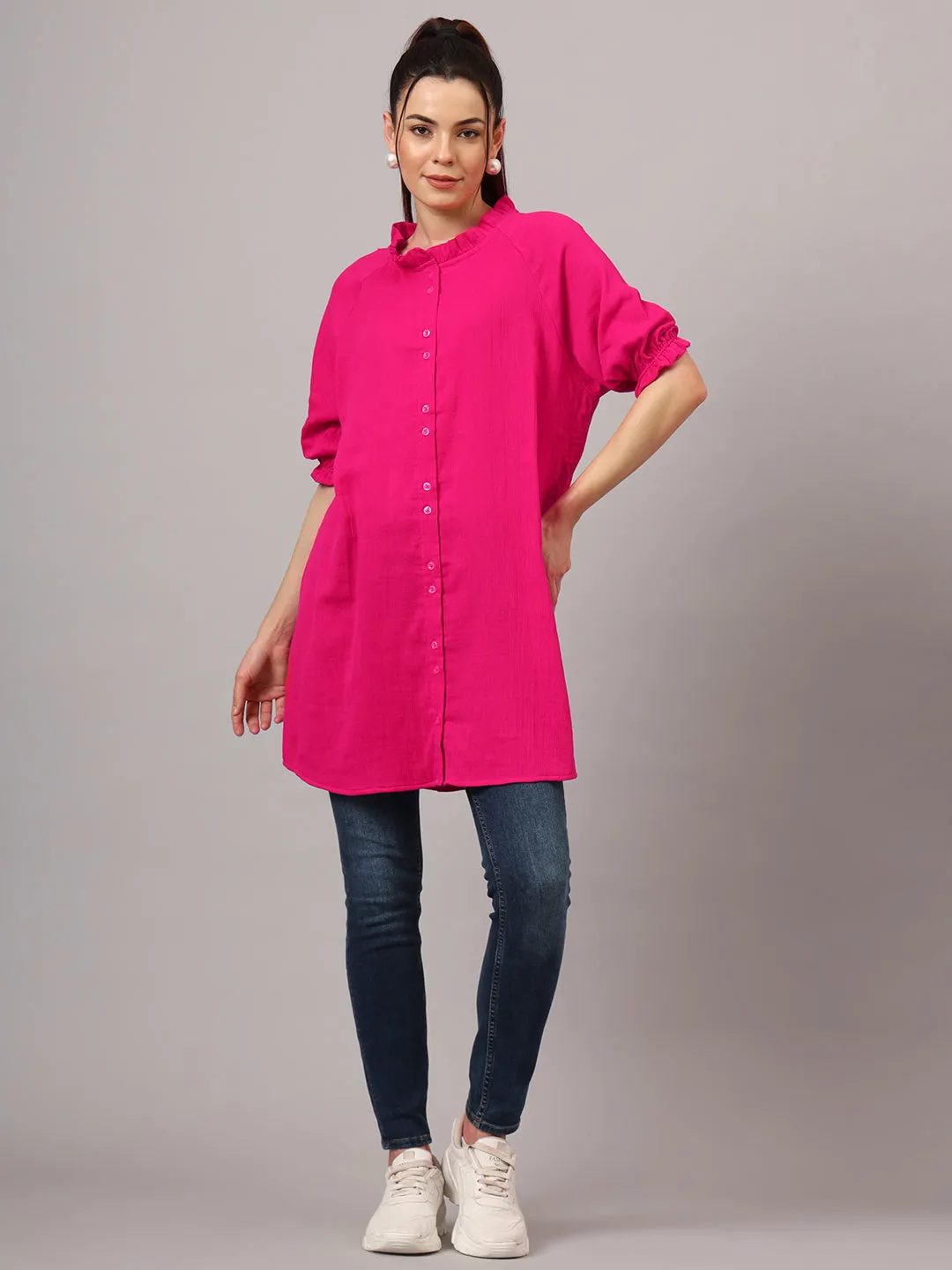 Women Classic Mandarin Collar Solid Cotton Relaxed Fit Casual Shirt