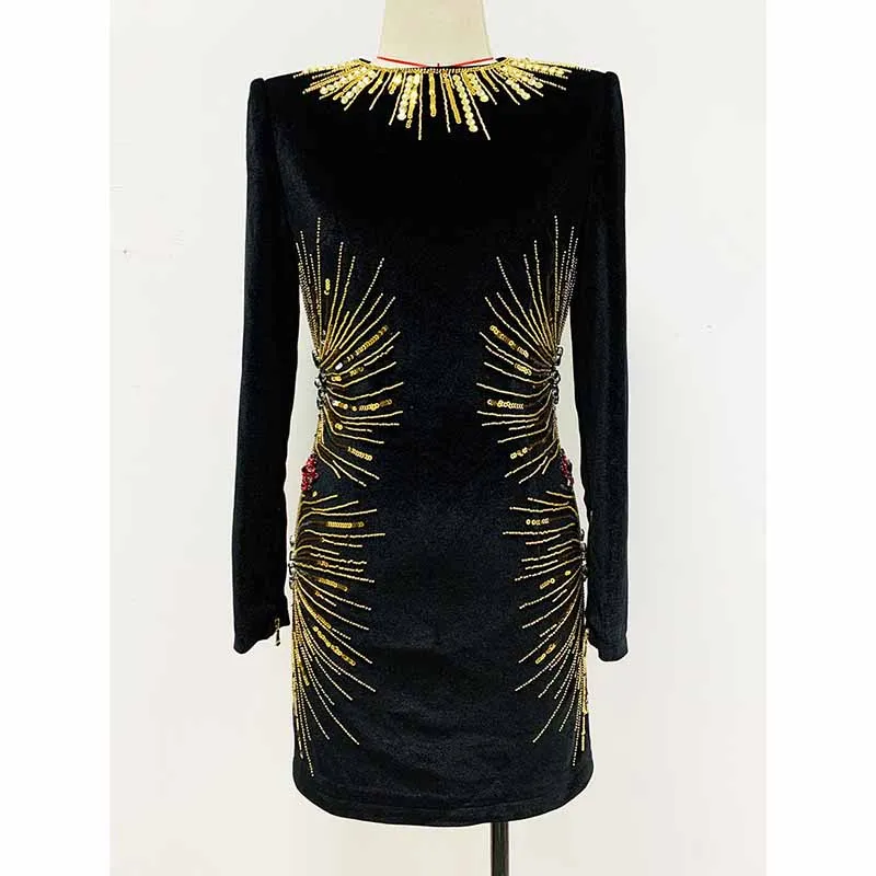 Women Golden / Multicolor Sequined Pattern Velvet Long Sleeves Mini Dress