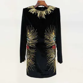 Women Golden / Multicolor Sequined Pattern Velvet Long Sleeves Mini Dress