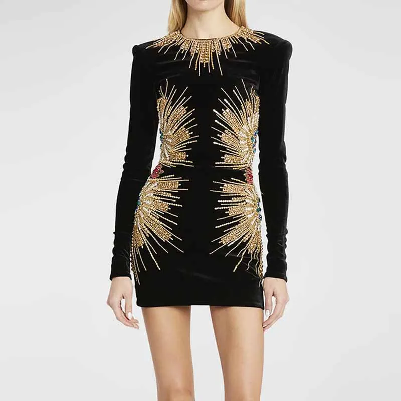 Women Golden / Multicolor Sequined Pattern Velvet Long Sleeves Mini Dress