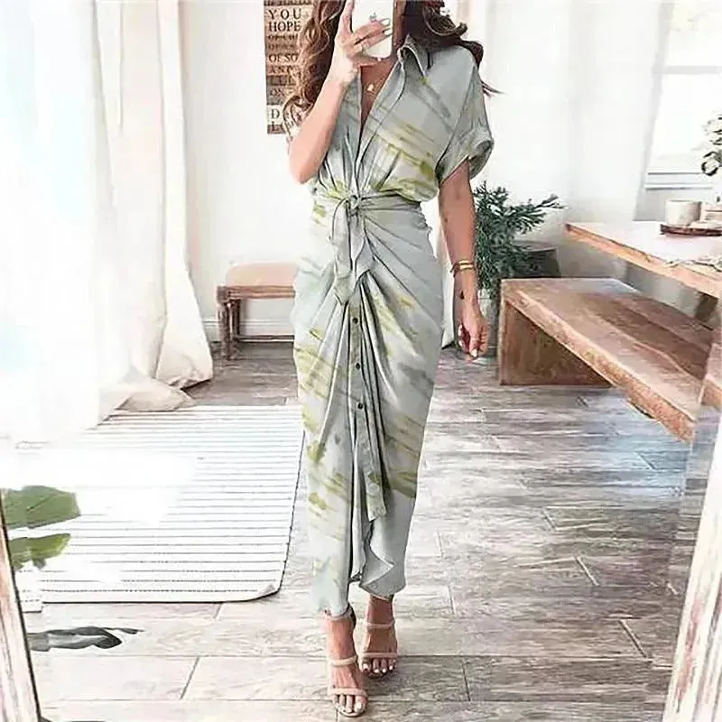 Women's Fashion Printed Temperament Loose Casual Lace-up Dress