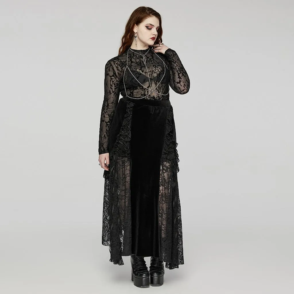 Women's Plus Size Gothic Lace-up Lace Splicing Velvet Skirt