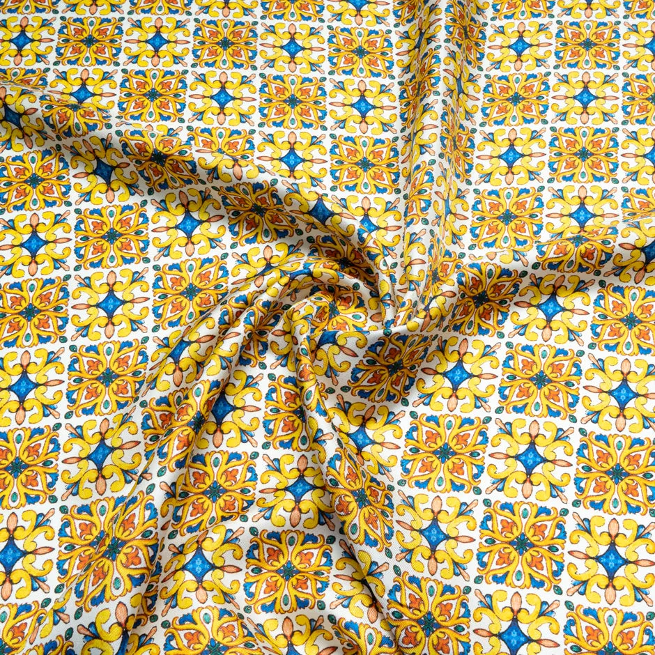 Yellow & Blue Geo Printed Pure Silk Twill