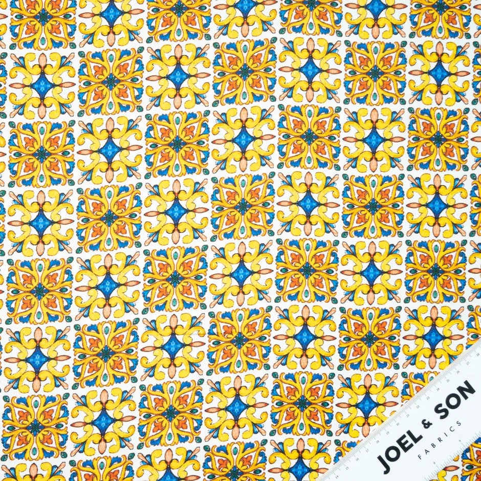 Yellow & Blue Geo Printed Pure Silk Twill